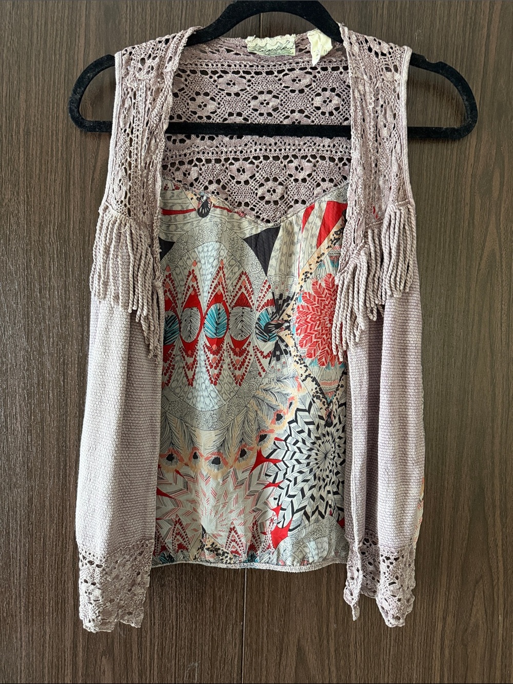 gimmicks by BKE Taupe Crochet Fringe Sleeveless Vest with Patterned Liner